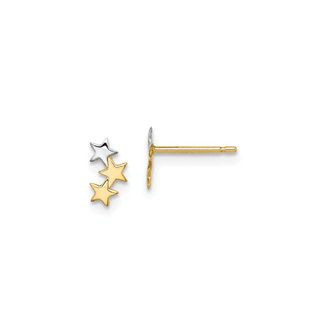 14k Yellow Gold Triple Star Stud Earrings, Two-Tone Celestial Design for Women
