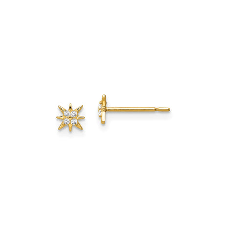 14k Yellow Gold Starburst Stud Earrings with Diamond Center, Celestial 8-Point Design