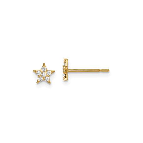 14k Yellow Gold Star Stud Earrings with Round White Stones, Celestial Design for Women