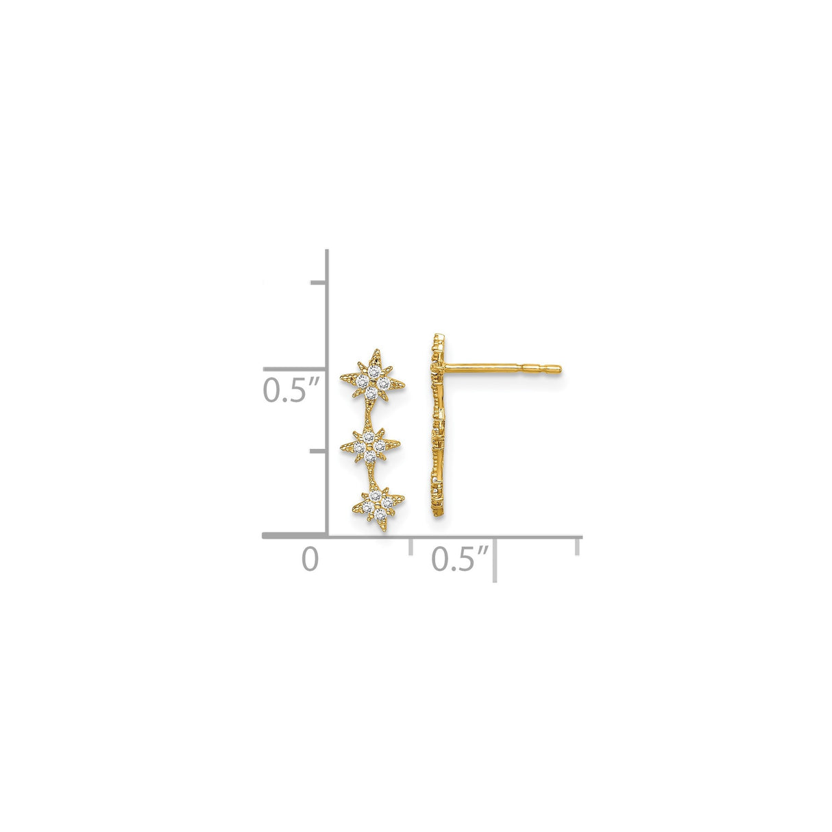 14k Yellow Gold Stud Earrings with Cubic Zirconia, Cascading Three Star Design for Women