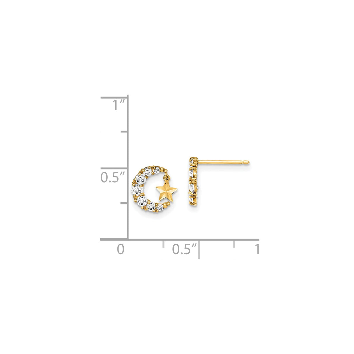 14k Yellow Gold Crescent Moon and Star Stud Earrings with Cubic Zirconia, Celestial Dangle Charm