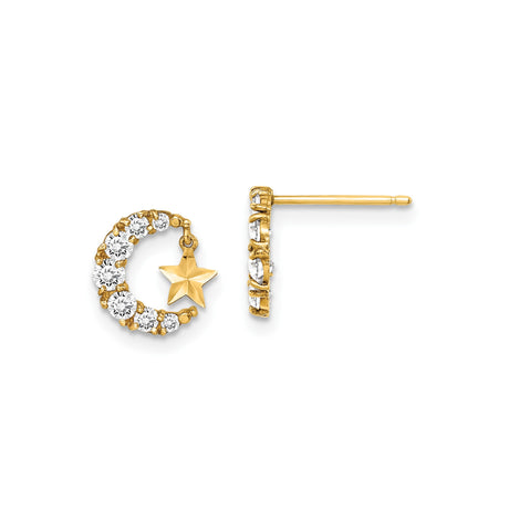 14k Yellow Gold Crescent Moon and Star Stud Earrings with Cubic Zirconia, Celestial Dangle Charm