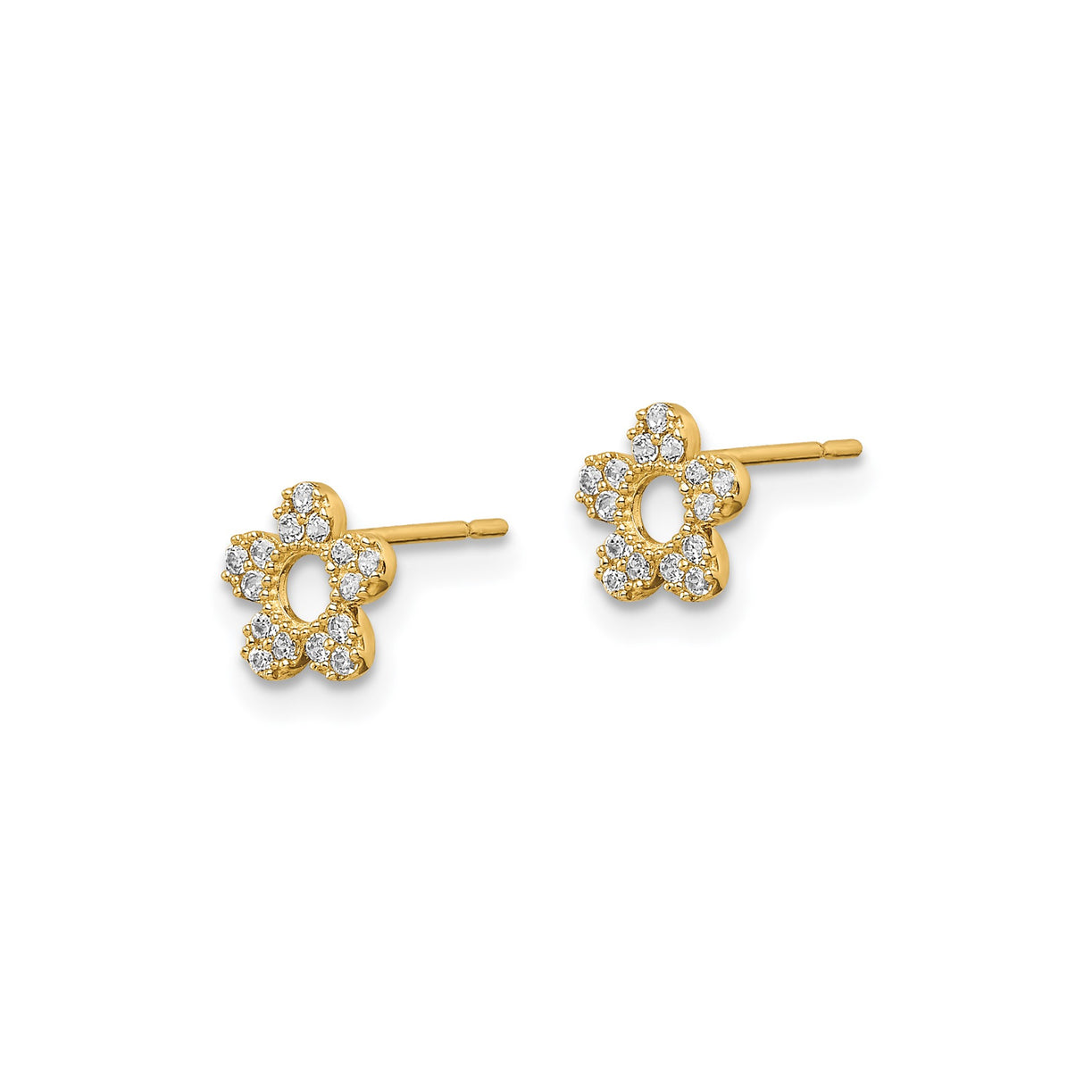 14k Yellow Gold Flower Stud Earrings with White Stones, Five Petal Design, Nature Inspired