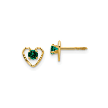 14k Yellow Gold Heart Stud Earrings with Created Emerald Center, Open Heart Design, Screw Back