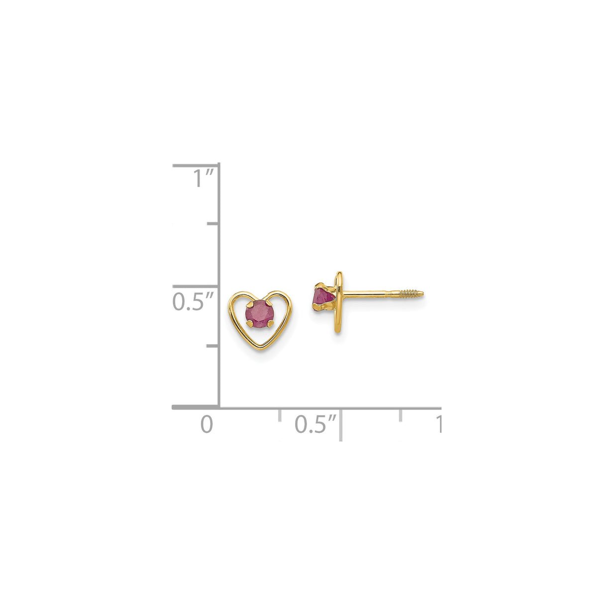 14k Yellow Gold Heart Stud Earrings with Created Ruby Gemstone Center