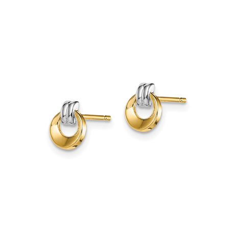 14k Yellow Gold Stud Earrings, Double Circle Interlocking Hoop Design, Two Tone Minimalist Style