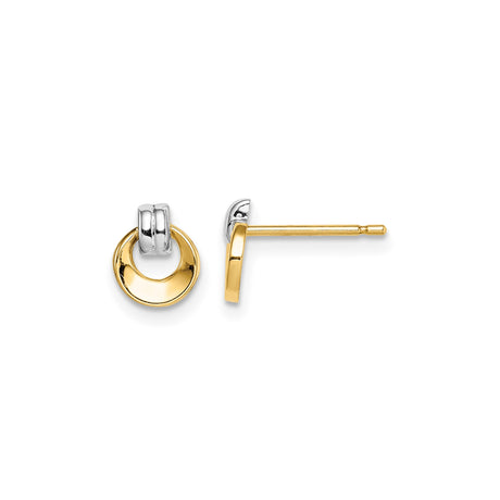 14k Yellow Gold Stud Earrings, Double Circle Interlocking Hoop Design, Two Tone Minimalist Style