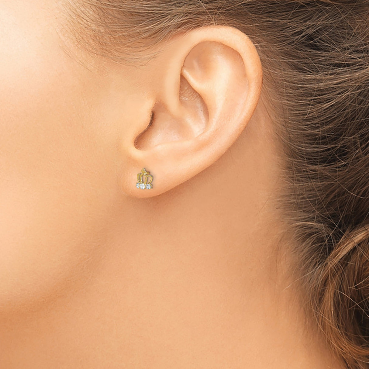 14k Yellow Gold Crown Stud Earrings with Clear Cubic Zirconia, Petite Royal Design