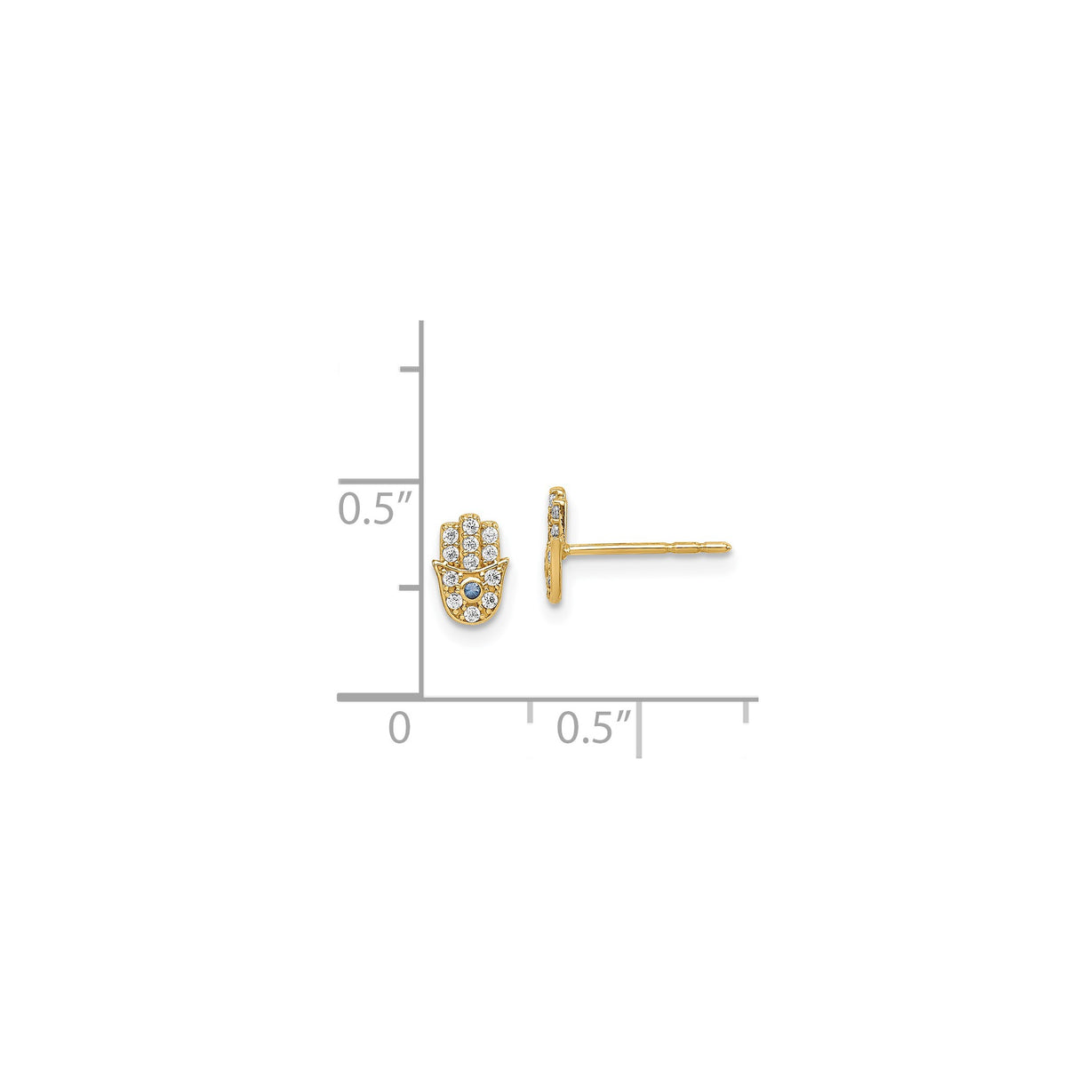 14k Yellow Gold Hamsa Stud Earrings with Blue Stone and Cubic Zirconia, Spiritual Protection Jewelry