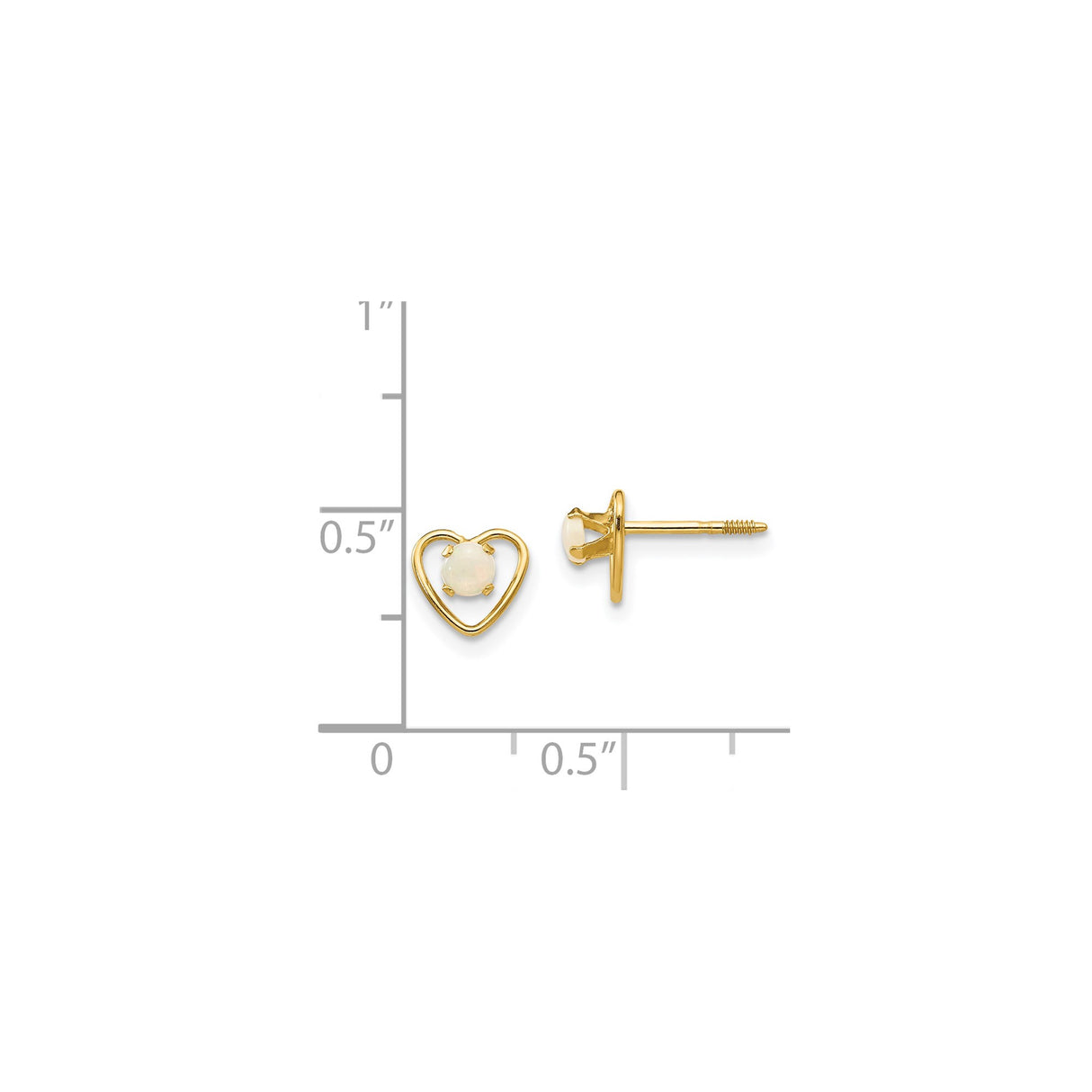 14k Yellow Gold Heart Stud Earrings with Created Opal Center, Screw Back