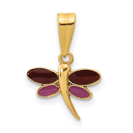 14k Yellow Gold Dragonfly Pendant with Pink and Red Enamel Wings, Nature-Inspired Charm for Women