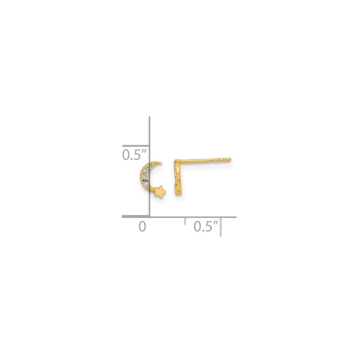 14k Yellow Gold Crescent Moon and Star Stud Earrings with Cubic Zirconia Accents