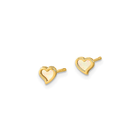 14k Yellow Gold Heart Stud Earrings with Mother of Pearl Inlay, Delicate Minimalist Design