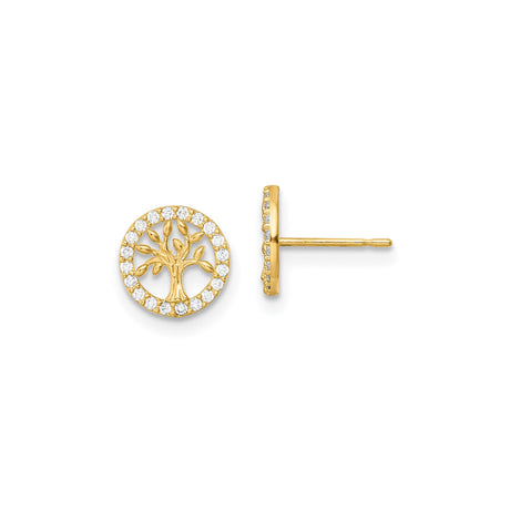 14k Yellow Gold Tree of Life Stud Earrings with Cubic Zirconia Accents
