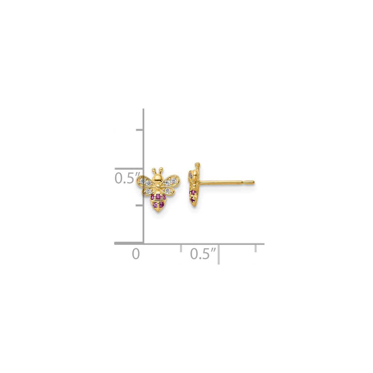 14k Yellow Gold Bee Stud Earrings with Cubic Zirconia, Nature-Inspired Whimsical Design for Women