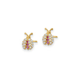 14k Yellow Gold Ladybug Stud Earrings with Pink and Clear Cubic Zirconia