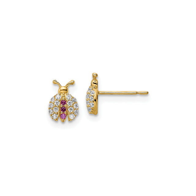 14k Yellow Gold Ladybug Stud Earrings with Pink and Clear Cubic Zirconia