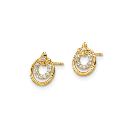 14k Yellow Gold Stud Earrings with Cubic Zirconia, Double Circle and Fleur-de-Lis Design
