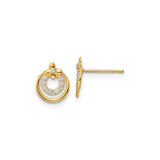 14k Yellow Gold Stud Earrings with Cubic Zirconia, Double Circle and Fleur-de-Lis Design