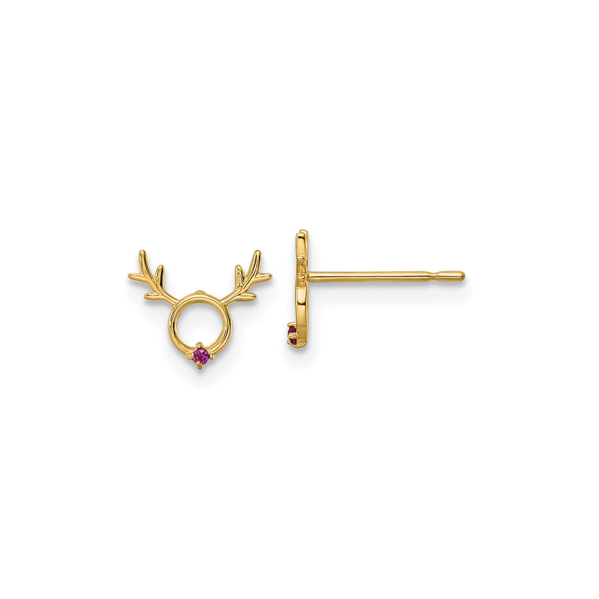 14k Yellow Gold Reindeer Antler Stud Earrings with Cubic Zirconia, Winter Holiday Theme
