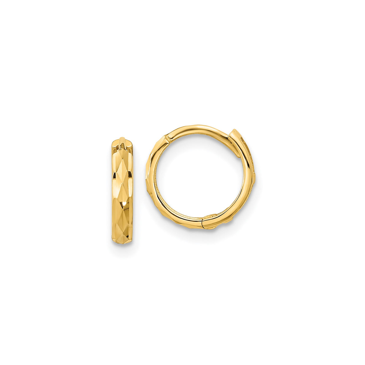 14k Yellow Gold Hoop Earrings, Faceted Design with Polished Finish, Lightweight Medium Size