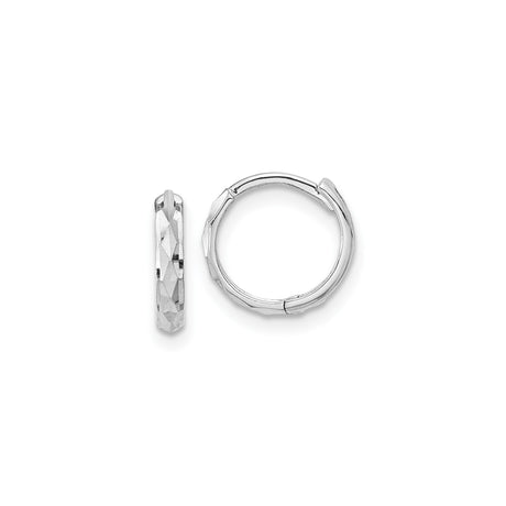 14k White Gold Hoop Earrings with Faceted Diamond Cut Design, Small Lightweight Style for Women