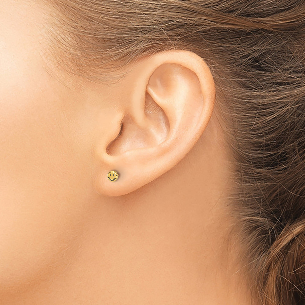 14K Yellow Gold Polished Smiley Face Stud Earring Unisex