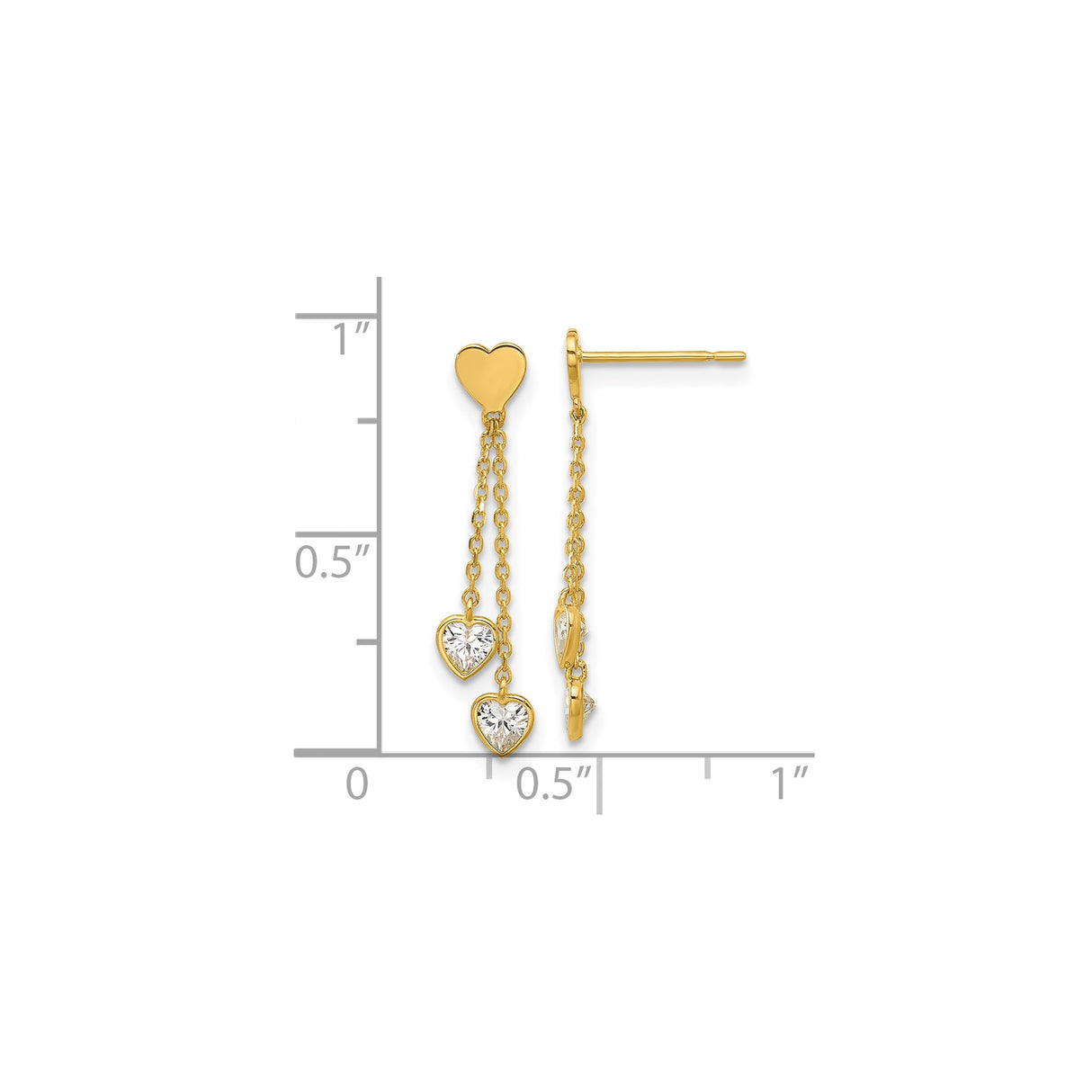 14k Yellow Gold Heart Dangle Earrings with Cubic Zirconia on Delicate Chains