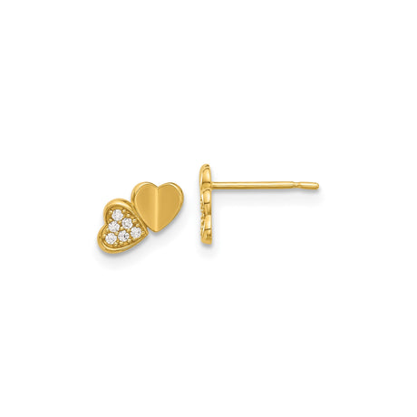 14k Yellow Gold Double Heart Stud Earrings with Cubic Zirconia and Diamond Cut Accents