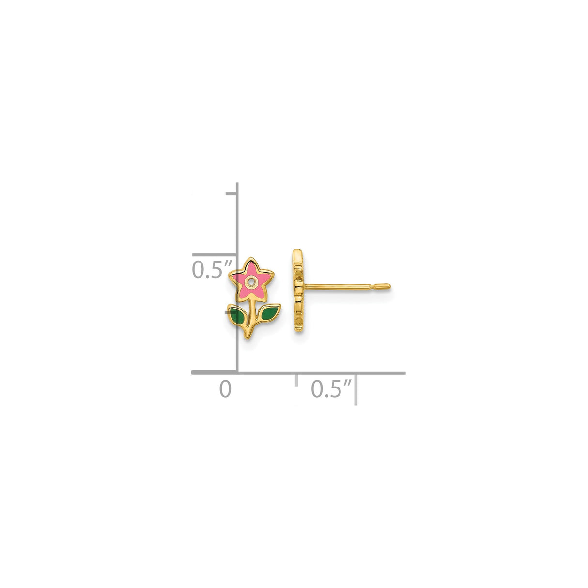 14k Yellow Gold Stud Earrings with Pink and Green Enamel Flower Design, Floral Motif for Teens