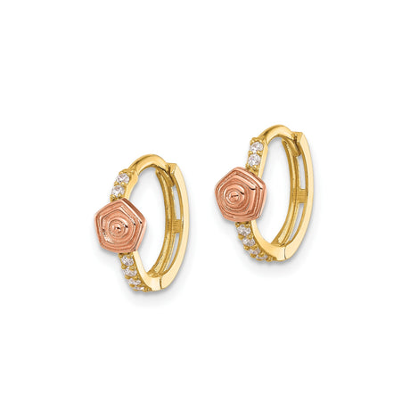 14k Yellow Gold Hoop Earrings with Cubic Zirconia, Rose Gold Hexagon Spiral Design