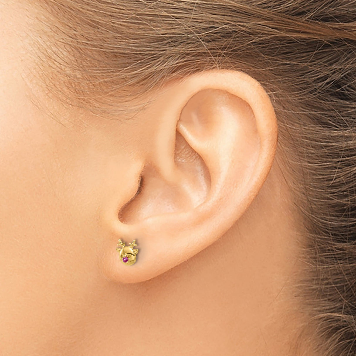 14k Yellow Gold Reindeer Stud Earrings with Cubic Zirconia, Festive Christmas Jewelry for Women and Girls