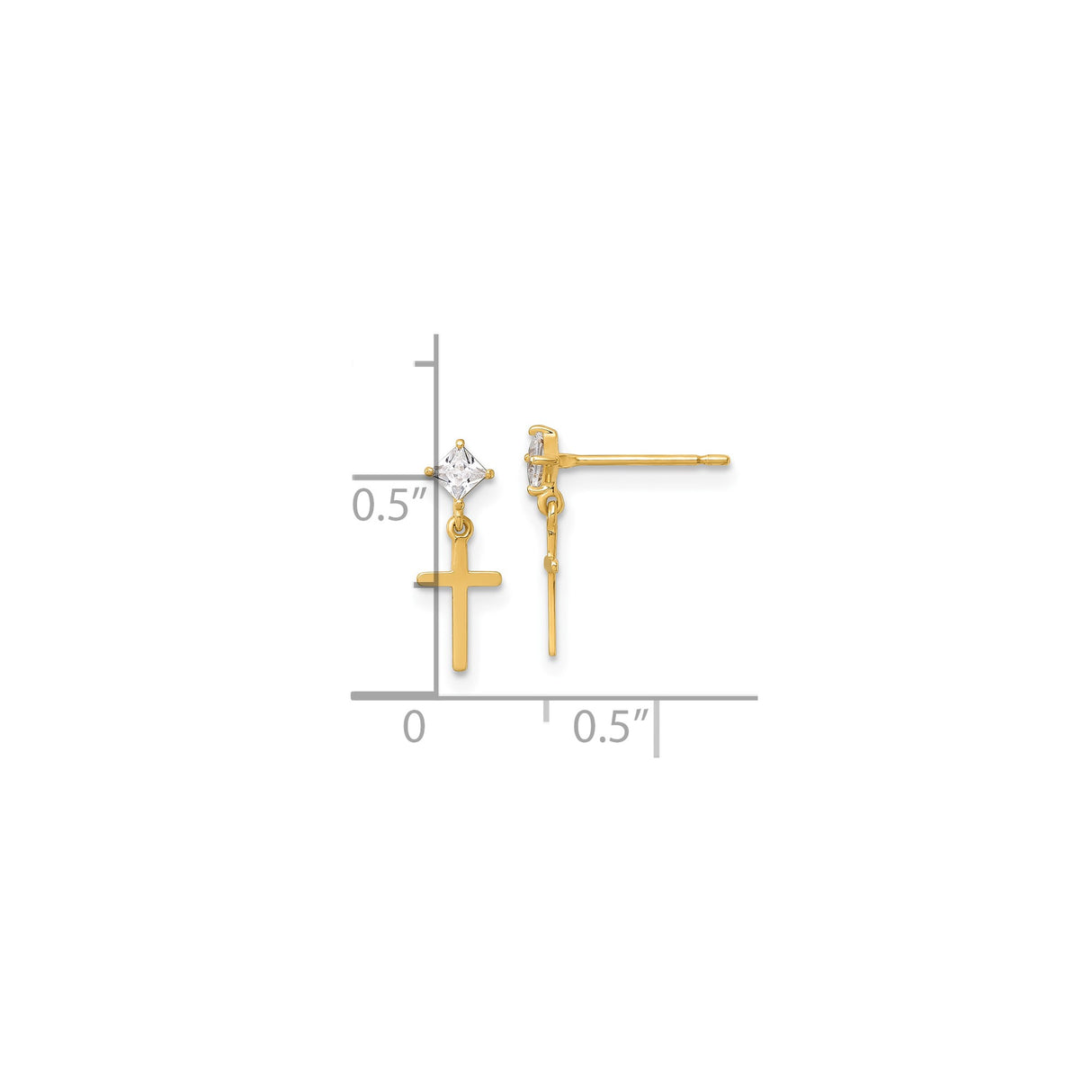 14k Yellow Gold Cross Dangle Stud Earrings with Cubic Zirconia, Christian Jewelry for Women
