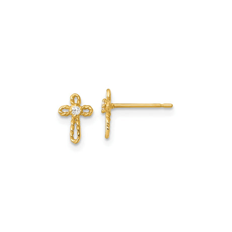 14k Yellow Gold Cross Stud Earrings with Cubic Zirconia and Twisted Rope Design