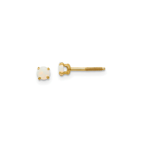 14k Yellow Gold Stud Earrings with White Opal in Four-Prong Setting, Screw-Back