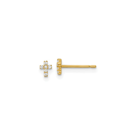 14k Yellow Gold Cross Stud Earrings with Cubic Zirconia, Minimalist Religious Jewelry for Women