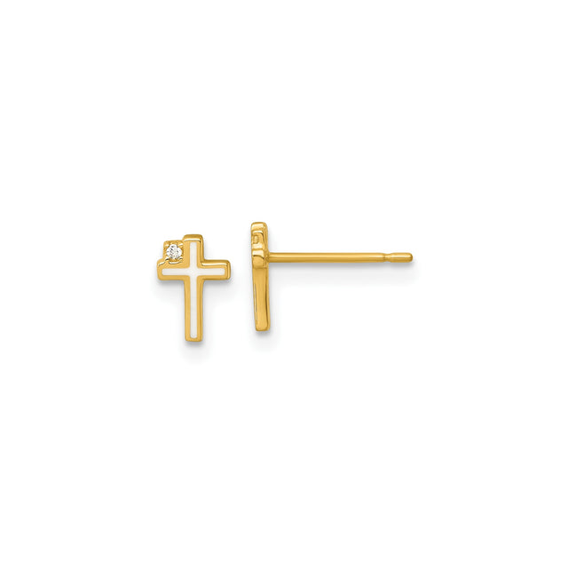 14k Yellow Gold Cross Stud Earrings with Cubic Zirconia, Christian Faith Jewelry for Women