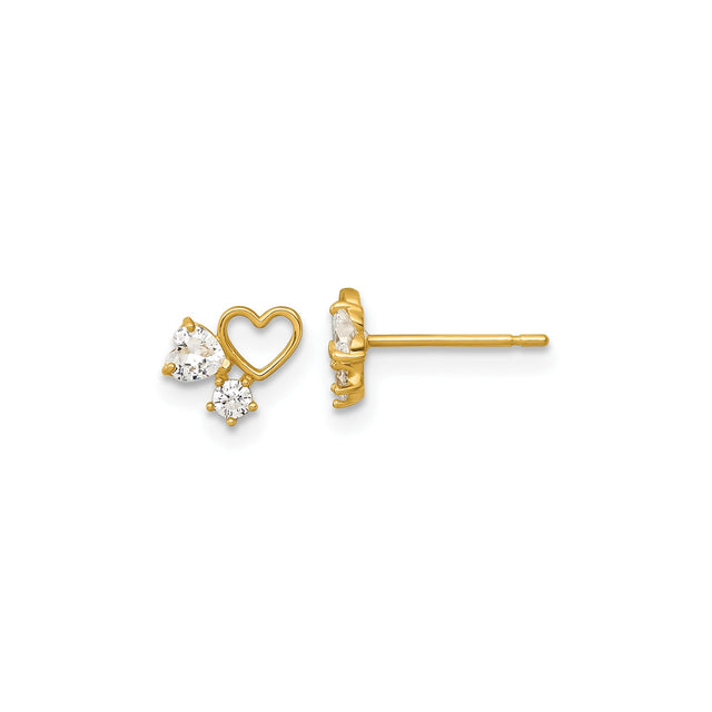 14k Yellow Gold Stud Earrings with Open Heart and Cubic Zirconia Design