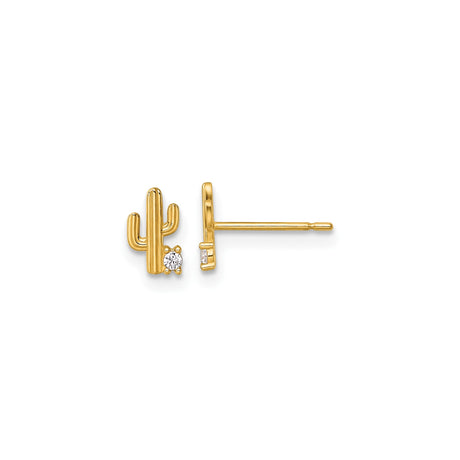 14k Yellow Gold Cactus Stud Earrings with Cubic Zirconia, Boho Southwestern Style