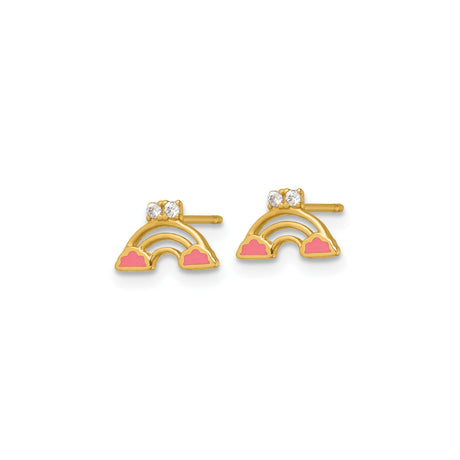 14k Yellow Gold Rainbow Stud Earrings with Cubic Zirconia and Pink Enamel Clouds for Girls