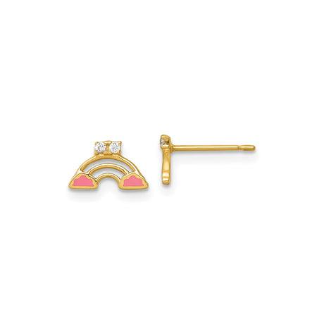 14k Yellow Gold Rainbow Stud Earrings with Cubic Zirconia and Pink Enamel Clouds for Girls