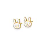 14k Yellow Gold Bunny Stud Earrings with White Enamel Rabbit Face Design for Girls or Animal Lovers