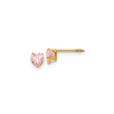 14k Yellow Gold Heart Stud Earrings with Cubic Zirconia, Screw Back Design for Women
