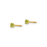 14k Yellow Gold Stud Earrings with Round Cut Created Green Birthstone, Four Prong Setting