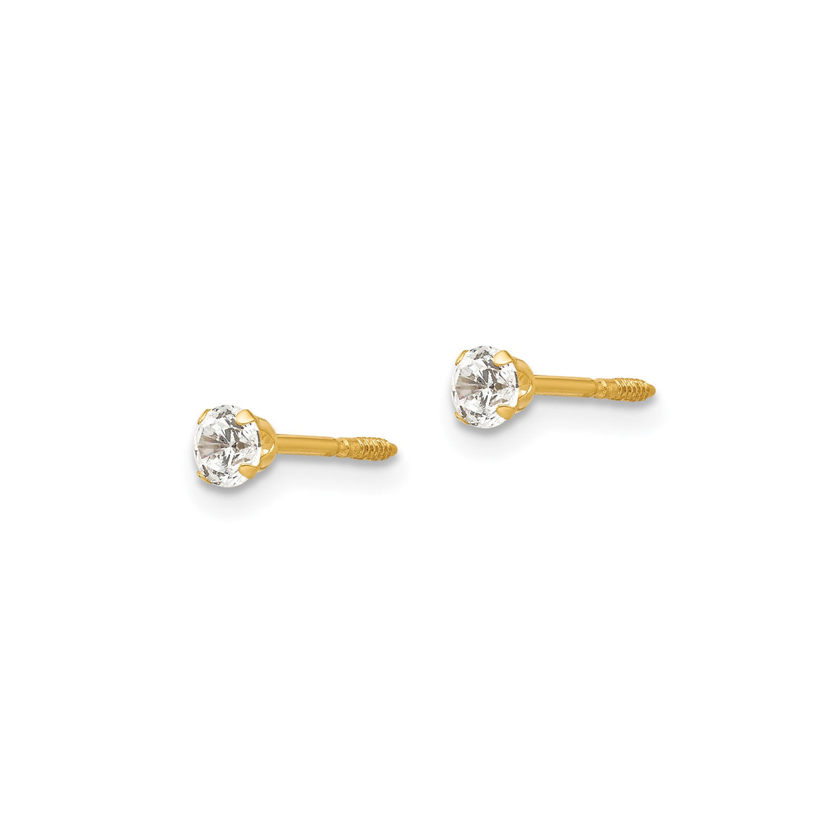 14k Yellow Gold Stud Earrings with Round Cut Cubic Zirconia, Solitaire Four Prong, Screw Back