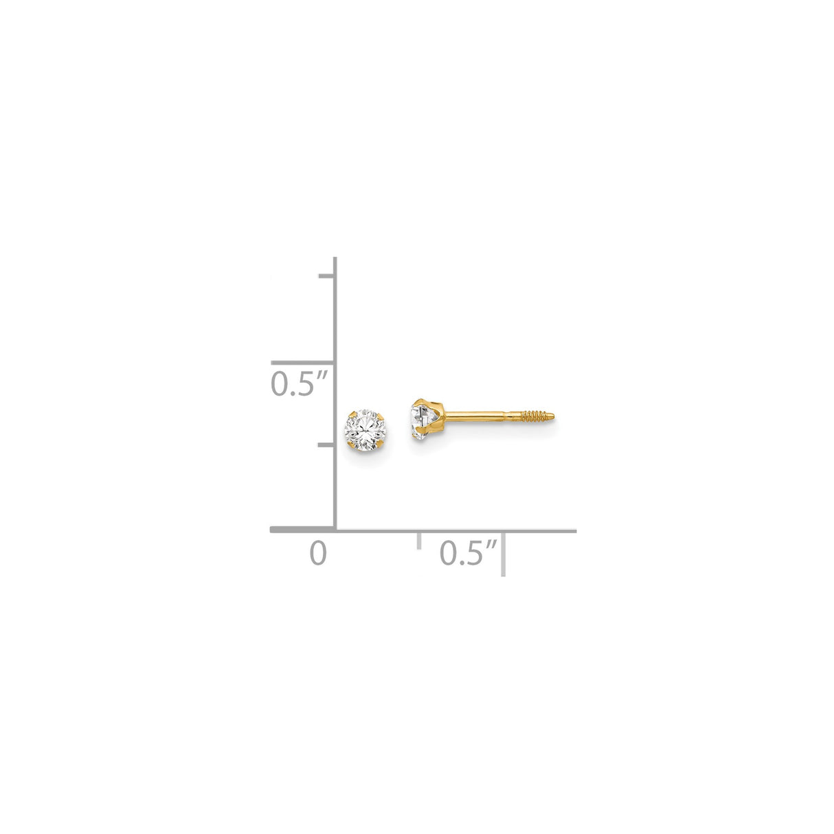 14k Yellow Gold Stud Earrings with Round Cut Cubic Zirconia, Solitaire Four Prong, Screw Back