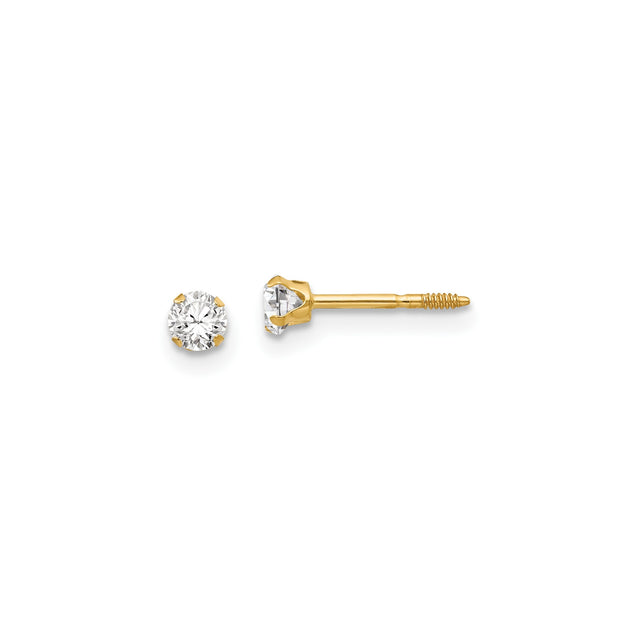 14k Yellow Gold Stud Earrings with Round Cut Cubic Zirconia, Solitaire Four Prong, Screw Back