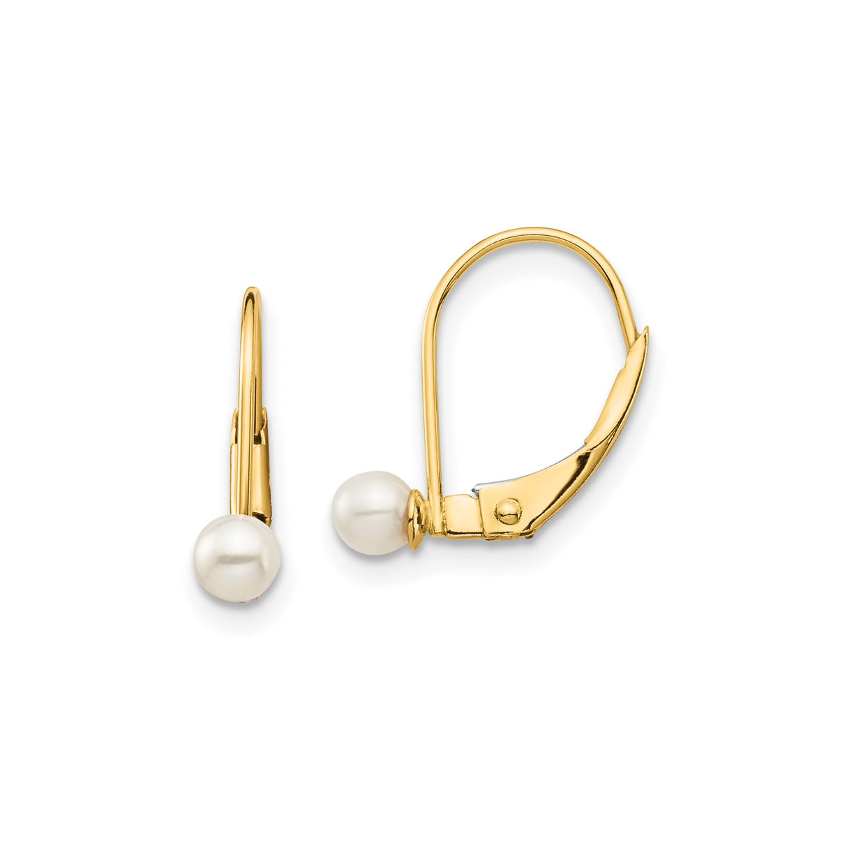14k Yellow Gold Leverback Earrings with White Cultured Pearls, Classic Bridal Style