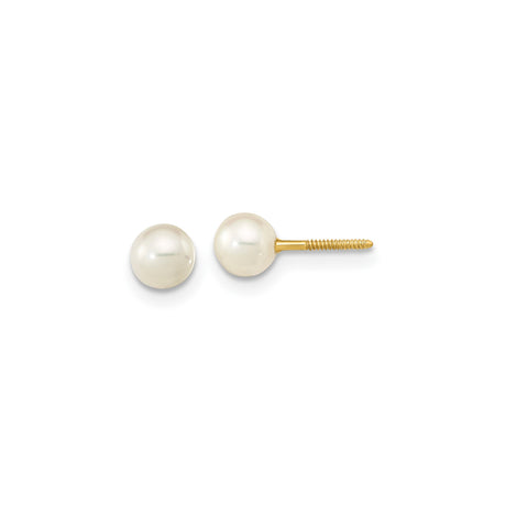 14k Yellow Gold Pearl Stud Earrings with White Cultured Pearls, Screw Back