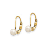 14k Yellow Gold Leverback Earrings with Round White Pearls, Classic Drop Design for Women